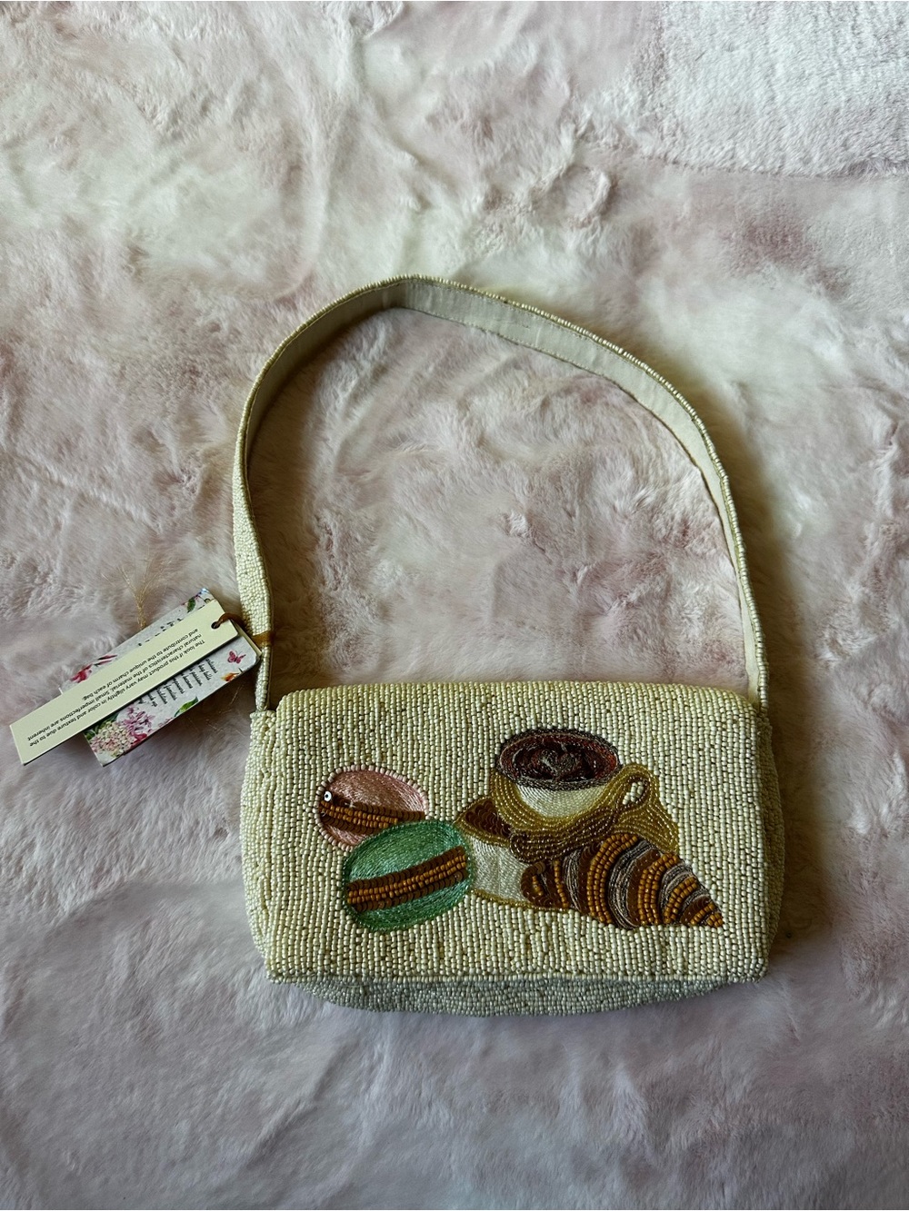 Macaron & Pastry Beaded Shoulder Purse Bag in Cream - Handcrafted in India NWT